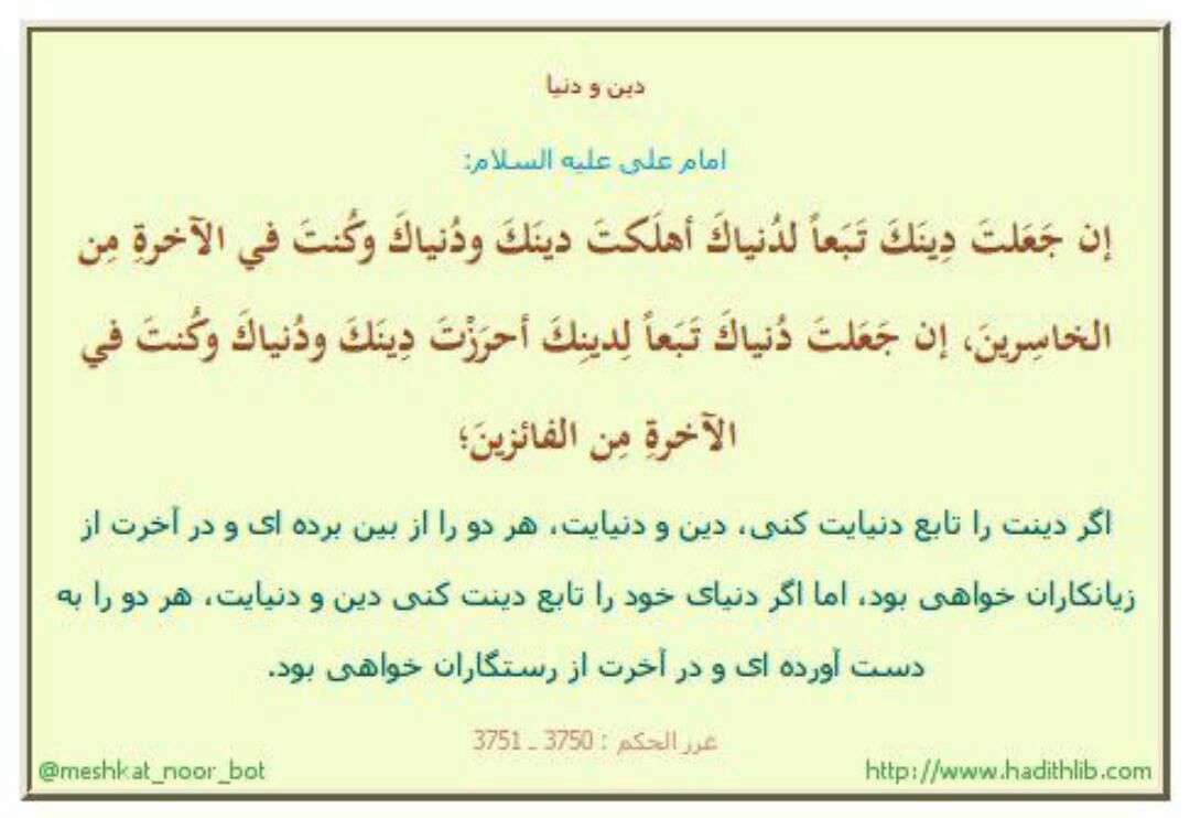 حدیثی از امام علی در مرد دین و دنیا